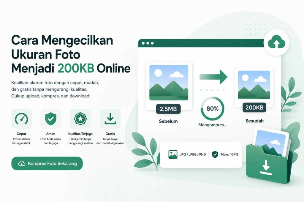 panduan visual yang menggambarkan proses mengubah ukuran foto menjadi 200KB menggunakan platform daring