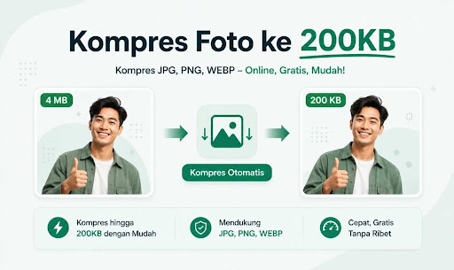 Kompres foto menjadi 200KB online dengan alat kompres JPG, PNG, dan WEBP