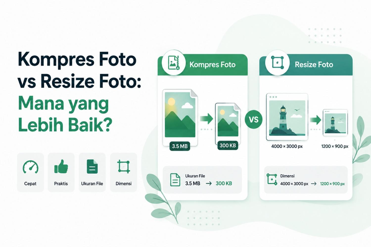 Ilustrasi kompres foto vs resize foto untuk membandingkan ukuran file dan dimensi gambar